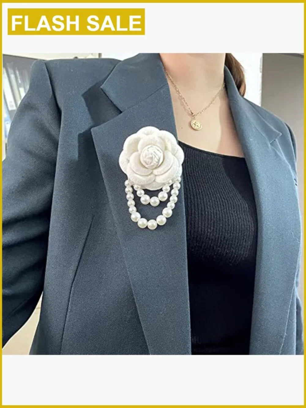 Camellia Flower Brooch with Pearl Tassel Elegant Lapel Pin for Jackets Scarves